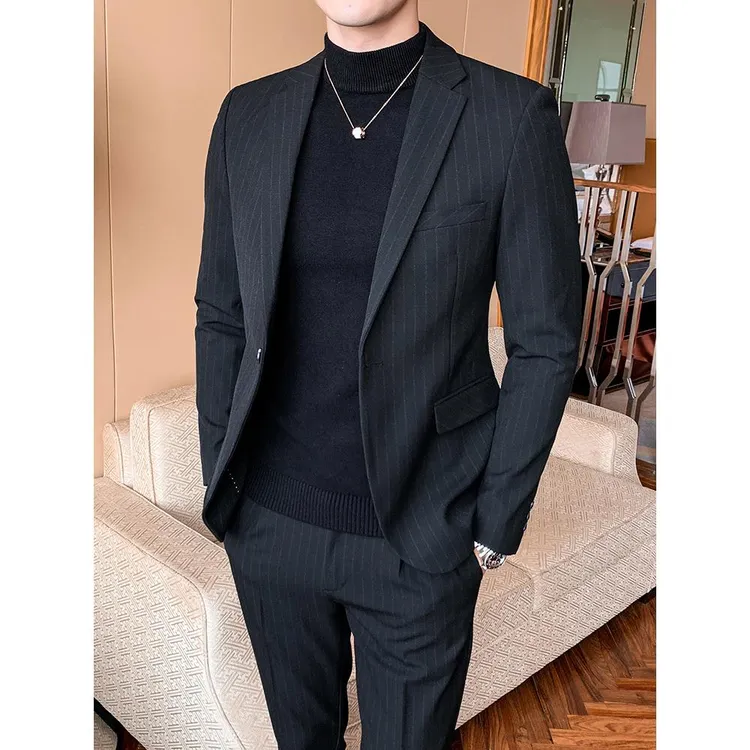 潮牌修身条纹西装商务单西休闲正装外套男黑色青年春秋季西服套装