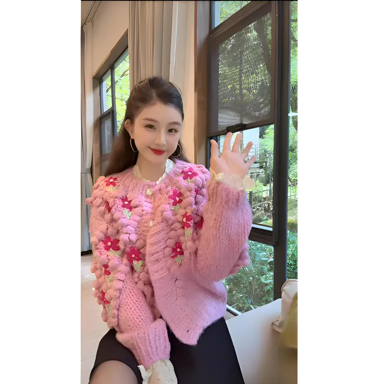 冬季新款重工手打粗棒针豆豆钩花加厚甜美减龄毛衣外套女 YY70913