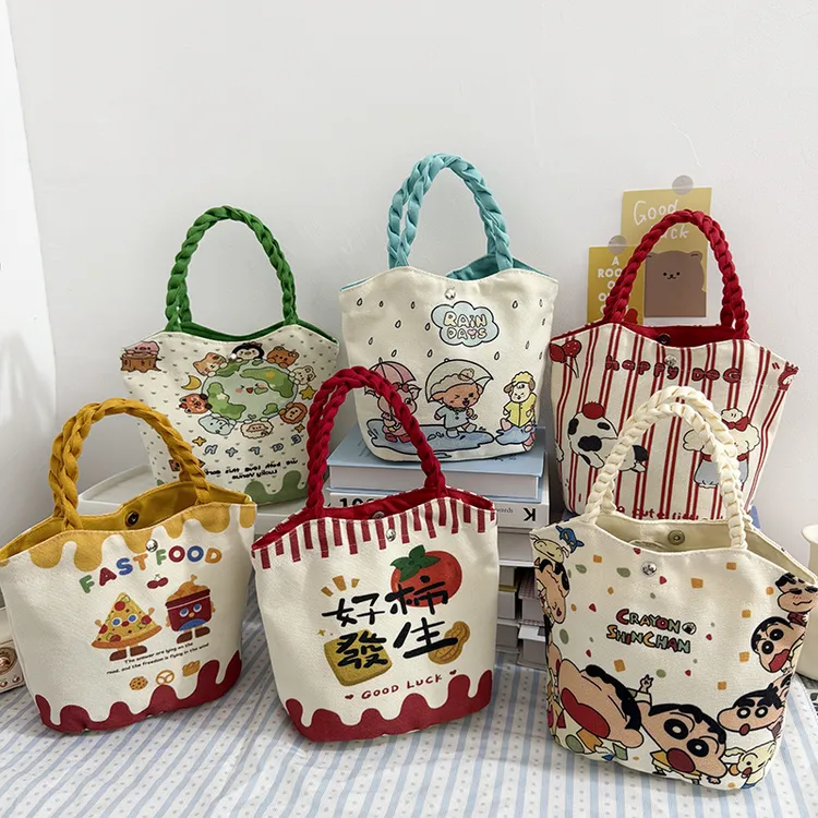 新款卡通帆布手提水桶女士帆布手拎包高颜值小包通勤便当包妈咪包