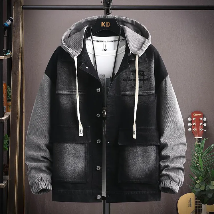 稻草人春秋季青少年假两件牛仔外套男士初高中学生潮流宽松休闲