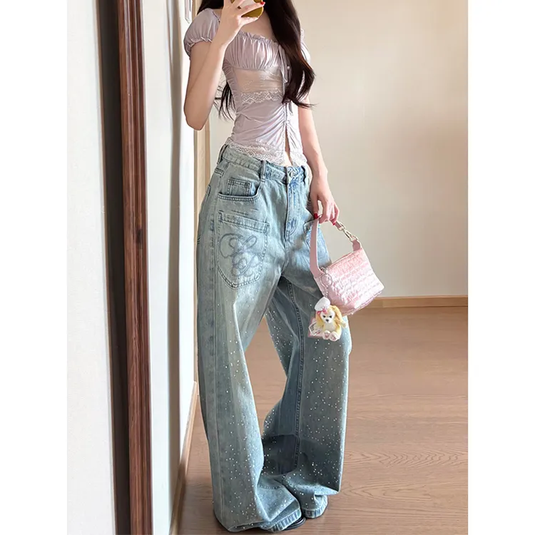 美式复古重磅设计感立体水钻牛仔裤子女辣妹宽松慵懒松弛感拖地裤