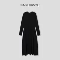 XINYU/芯与『千姿』圆领纯色百搭伞裙连衣裙 37090 长袖 气质 圆领
