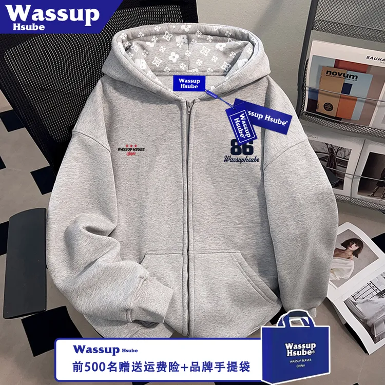WASSUP HSUBE美式英文印花外套藏青色男女开衫秋冬季连帽拉链卫衣