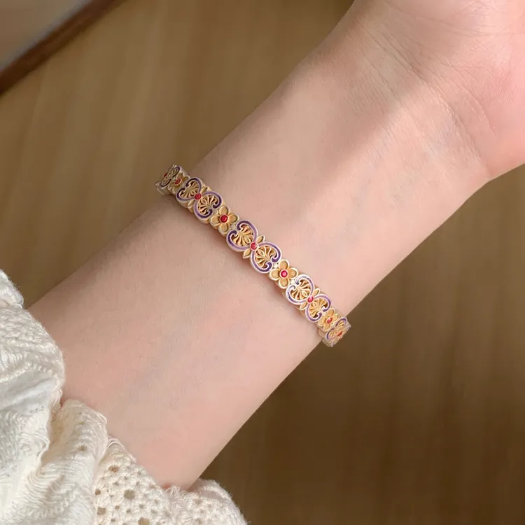 足银手镯 珐琅彩国风银手镯足银999.9双如意花描金银手镯古风时尚