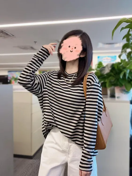 2025早秋新款韩系休闲宽松显瘦圆领条纹上衣百搭休闲阔腿裤两件套