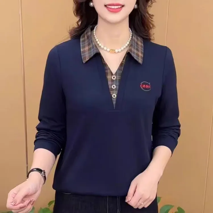 减龄洋气妈妈保暖衫女韩版时尚polo领德绒长袖上衣格子拼接打底衫