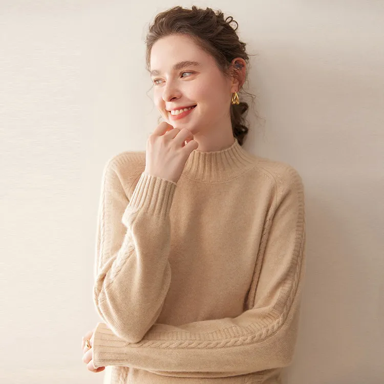 2025秋冬百搭时尚简约厚款半高领麻花袖羊绒衫打底衫女款