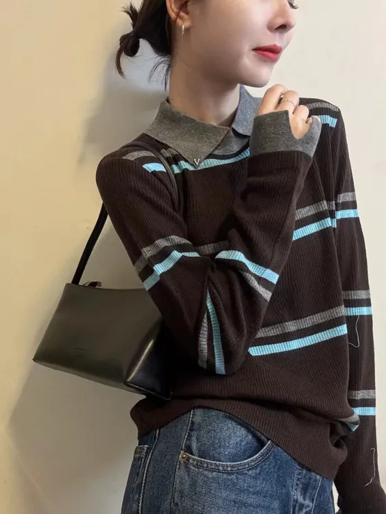 韩系polo经典百搭针织衫撞色长袖套头时尚条纹翻领休闲风显瘦上衣