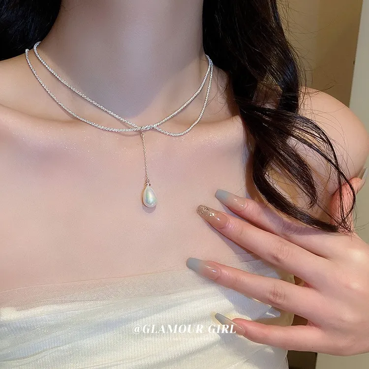 坠链均925银 法式纯欲 双层银河链水滴珍珠锁骨链七夕节送女友
