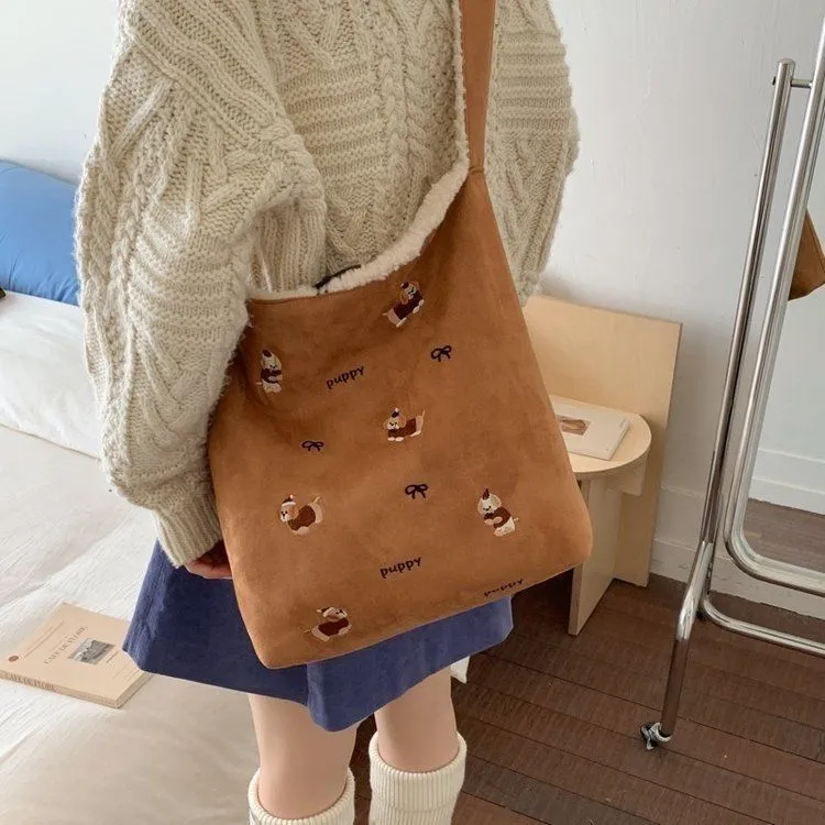 刺绣小狗学生双面背托特包秋冬新款单肩包日常通勤百搭手提包TN⓪