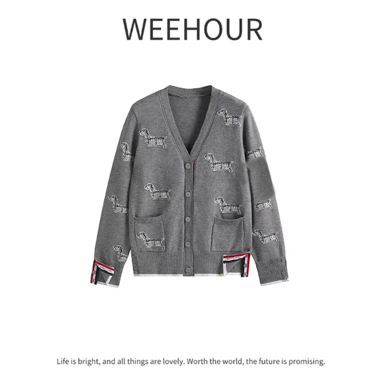 轻奢香风小狗开衫女春秋V领全身动物图案英伦风毛衣外套7597