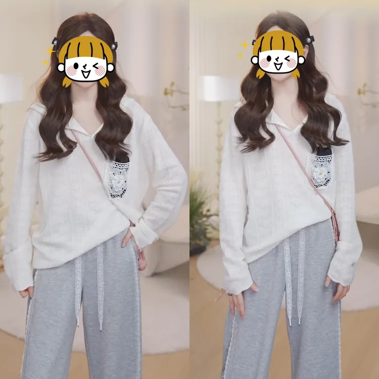 2025春季新款时尚气质宽松显瘦设计感蕾丝连帽针织衫休闲百搭上衣