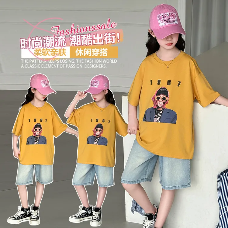 女童炸街套装夏季2025新款中大童短袖t恤牛仔中裤两件套女孩洋气