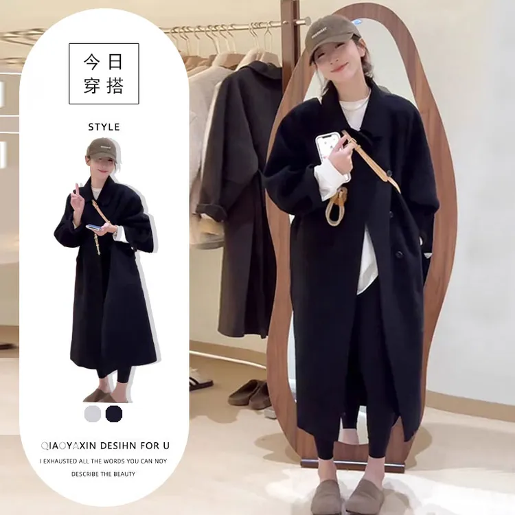 韩系通勤设计感纯色翻领毛呢外套女2025春秋新款高级感宽松大衣潮