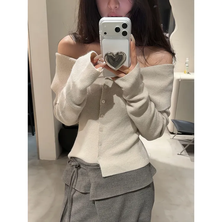 设计感小众一字领单排扣针织衫上衣高腰显瘦直筒裤系带屁帘阔腿裤