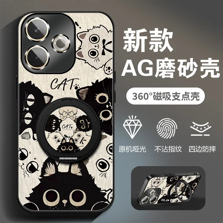 适用于OPPOA5活力版手机壳新款旋转支架镜头全包防摔软边黑白喵咪