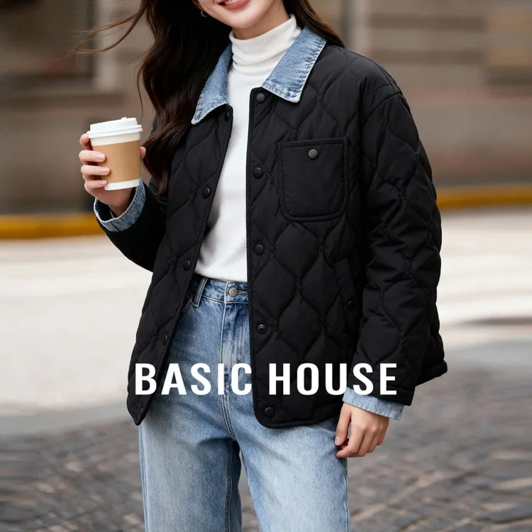 Basic House/百家好冬季新款牛仔拼接假两件羽绒服-B0704B50852