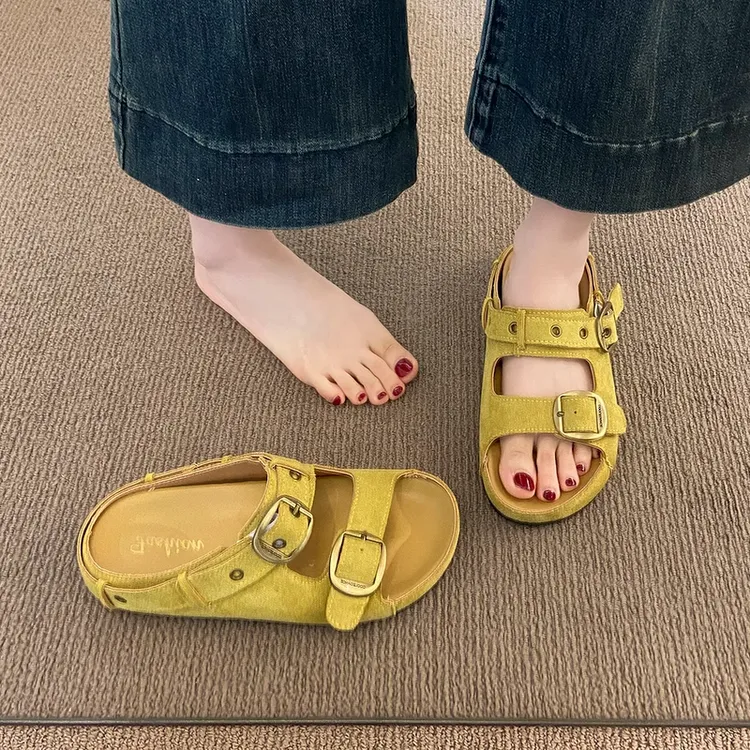 复古女鞋2025夏季新款勃肯凉鞋懒人套脚露趾透气一字拖外穿凉拖