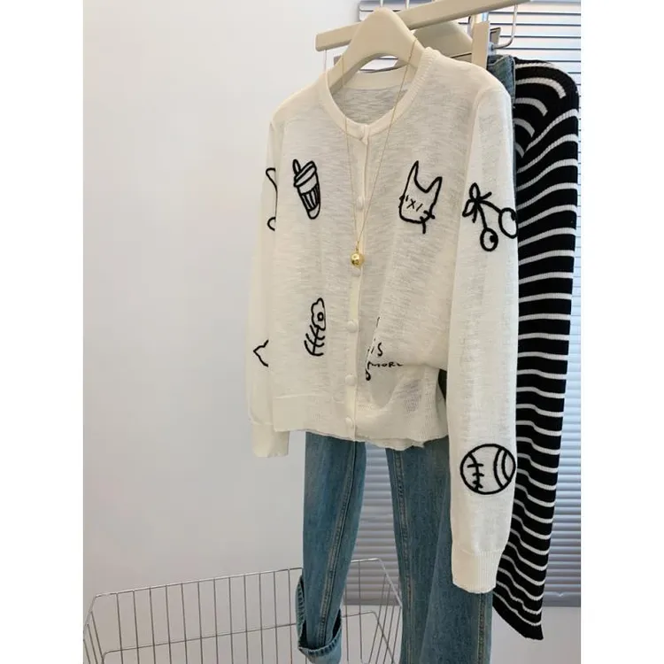 卡通刺绣防晒针织开衫女士薄款空调衫外套2025新款上衣高级感外搭