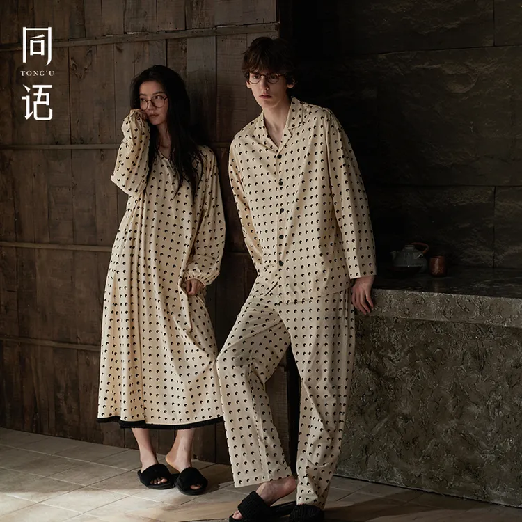同语睡衣情侣装2025春秋季柔软纯棉睡裙女款家居服秋冬长袖套装男