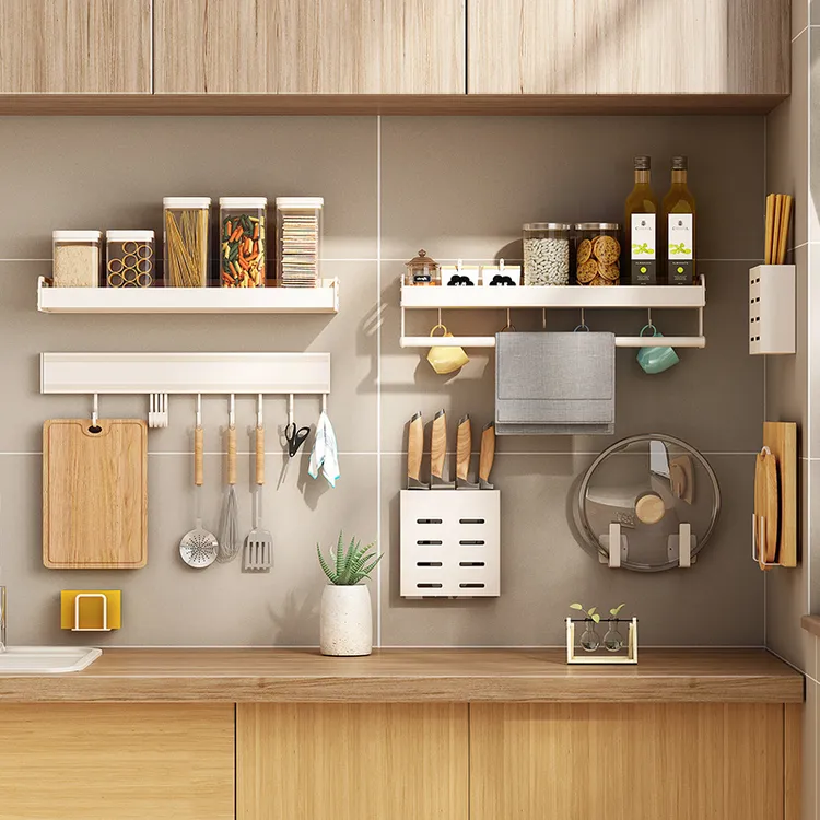 白色厨房置物架免打孔壁挂式刀架调味料用品大全家用多功能收纳架