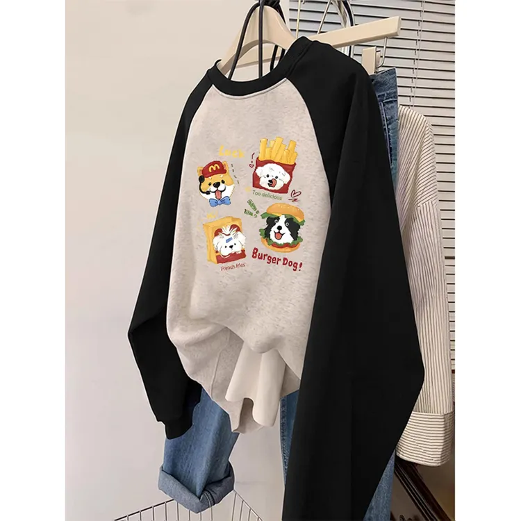美式潮牌麦当劳小狗印花卫衣女撞色插肩袖设计感小众宽松圆领上衣