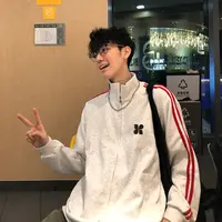 美式潮牌简约几何印花立领三条杠开衫拉链卫衣男女秋冬情侣外套