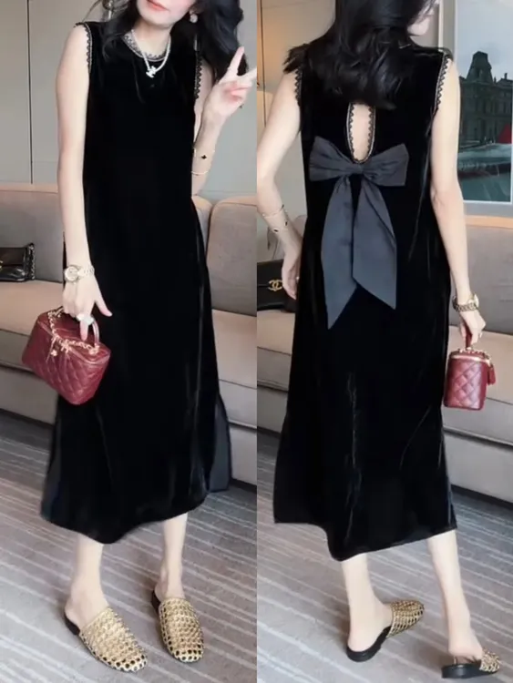 夏季新款薄款轻奢时尚蝴蝶结开叉连衣裙宽松显瘦洋气减龄裙子