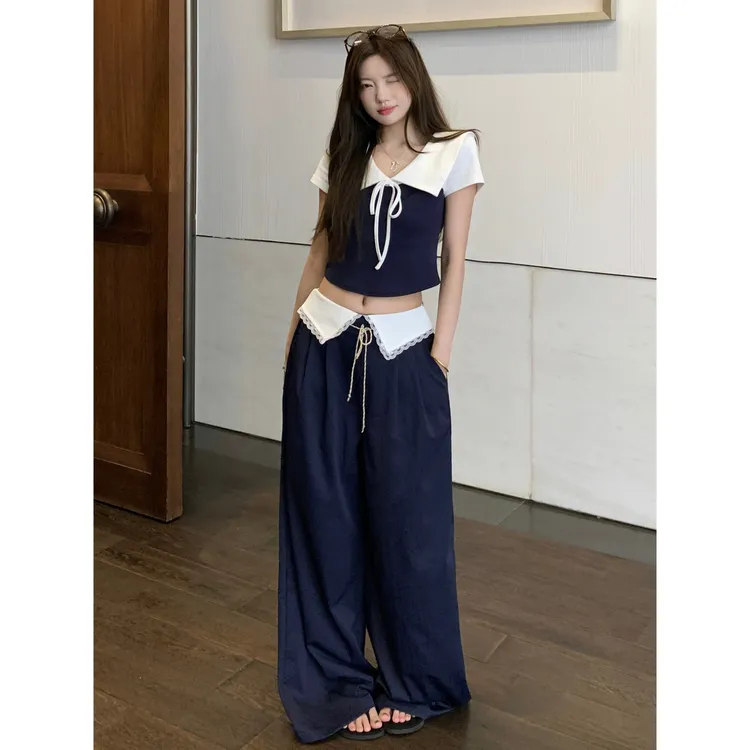 【有全额运补】夏季新款宽松休闲女裤藏蓝拼接设计感裤子