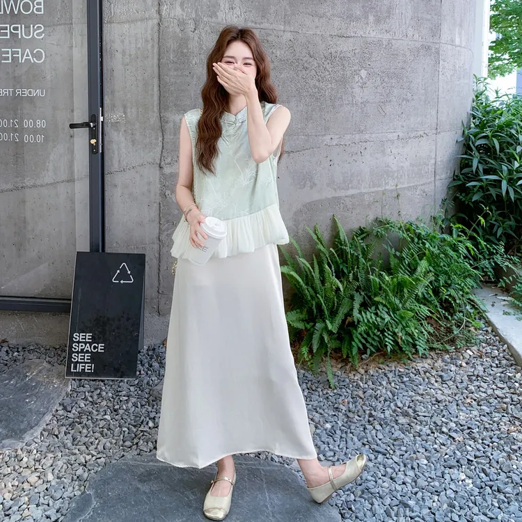 新中式国风花边拼接无袖盘扣上衣套装女夏季气质优雅吊带裙两件套