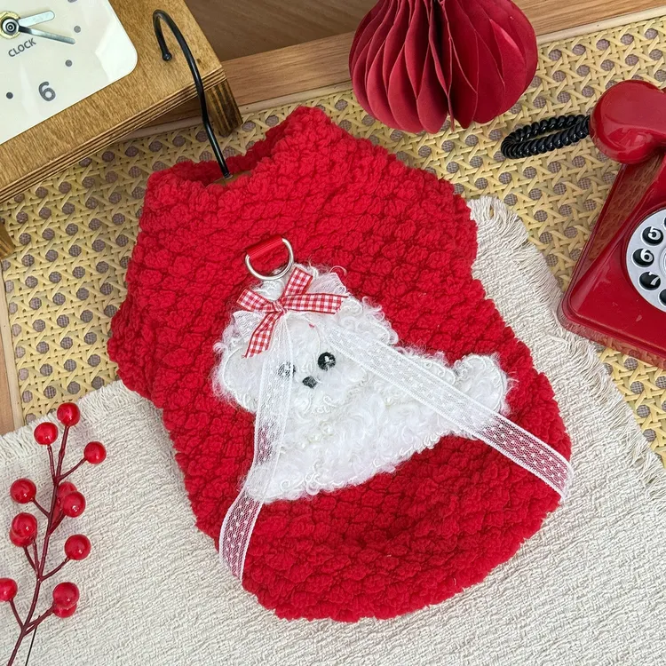 宠物新年国风冬装加绒保暖狗狗猫咪衣服喜庆可爱狗狗可牵引背心