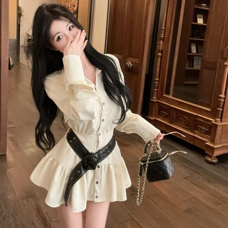 西亚麦浪气质收腰大裙摆长袖衬衫裙百搭短裙(送安全裤）腰带