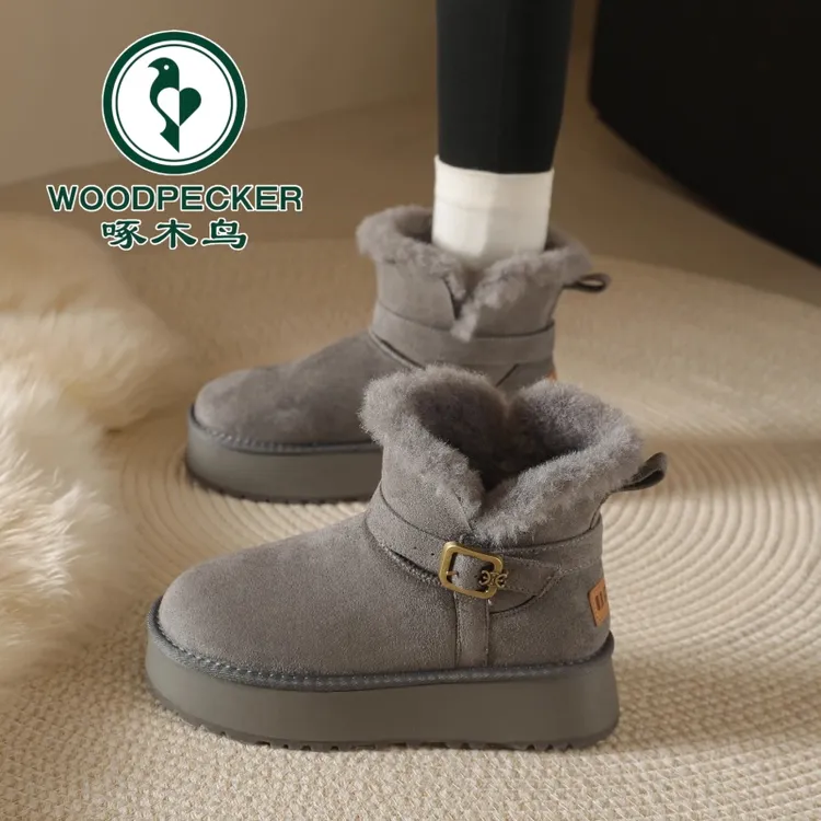 啄木鸟灰色厚底防滑雪地靴女2025年新款冬季加绒加厚短靴保暖棉鞋