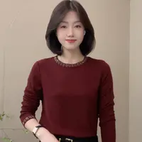 2078秋季新款纯色长袖圆领烫钻T恤修身时尚打底衫休闲百搭女
