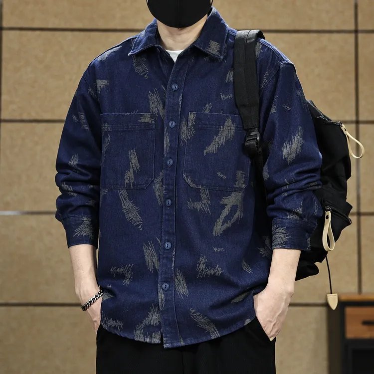 高端美式复古提花牛仔衬衫男秋季新款潮牌衣服休闲长袖衬衣外套男