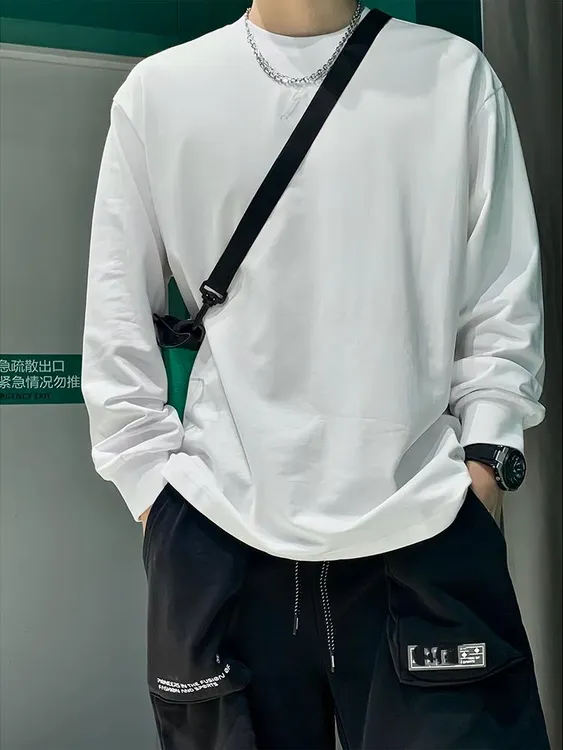 300g重磅纯棉长袖t恤男春秋潮流纯色圆领宽松内搭打底衫男女同款