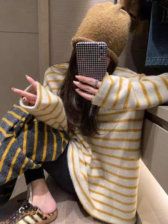 慵懒松弛感条纹长袖T恤女秋冬高级感内搭打底衫加厚磨毛软糯上衣