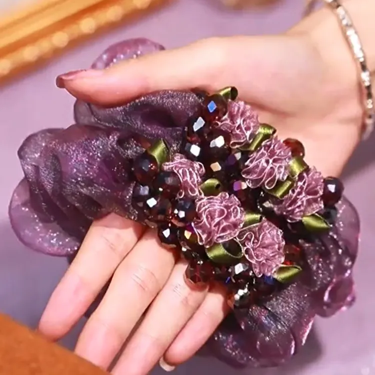 新款紫藤花高级感气质大肠发圈日常花朵珠珠发绳欧根纱头绳皮筋