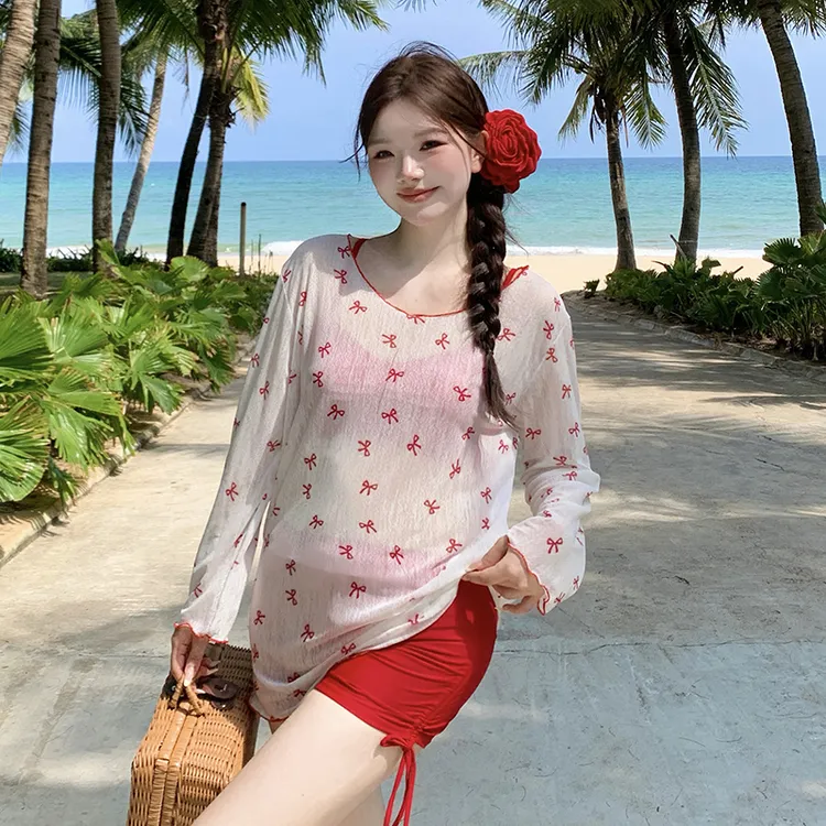 2025新款纯欲显瘦遮肉透明显白女式泳衣三件套温泉泡澡泳池长袖
