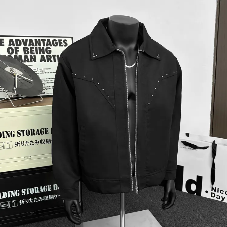 2025年复古高级感黑色夹克男cleanfit潮牌宽松立体剪裁铆钉外套