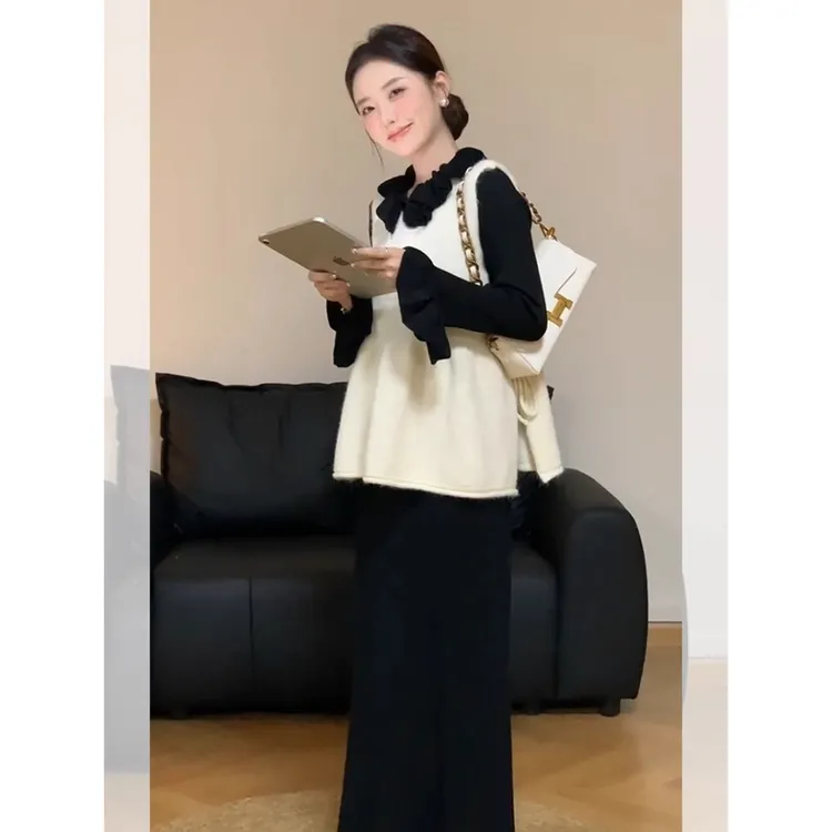秋天一整套穿搭赫本风复古黑色荷叶边喇叭袖针织长裙马甲显瘦套装