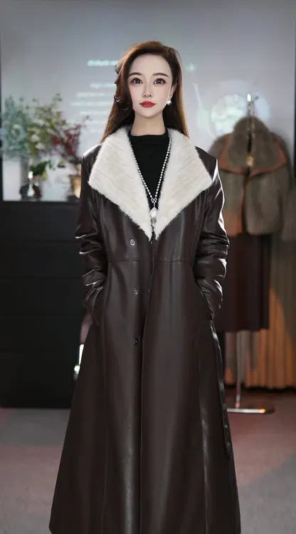 冬季新款海宁女士中长款鹅绒韩版修身时尚过年加绒加厚皮衣外套