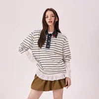 G005【金拐子专属】CHUUpolo领条纹翻领撞色字母绣花拼接T恤-F