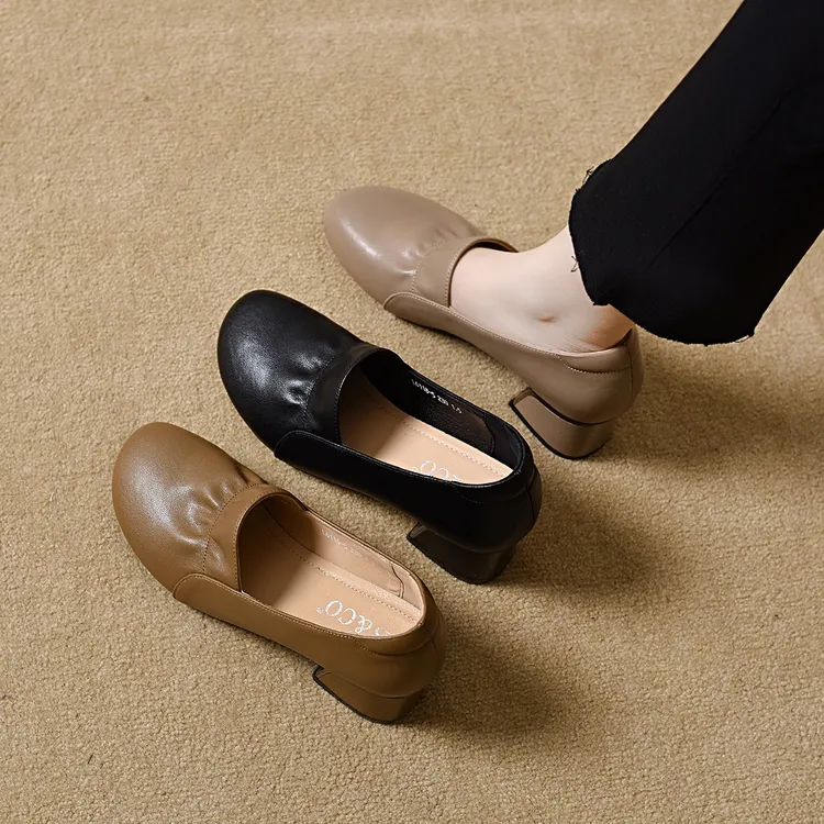 英伦风平底鞋子女鞋妈妈鞋套脚圆头中跟（3-5CM）单鞋浅口时尚舒适