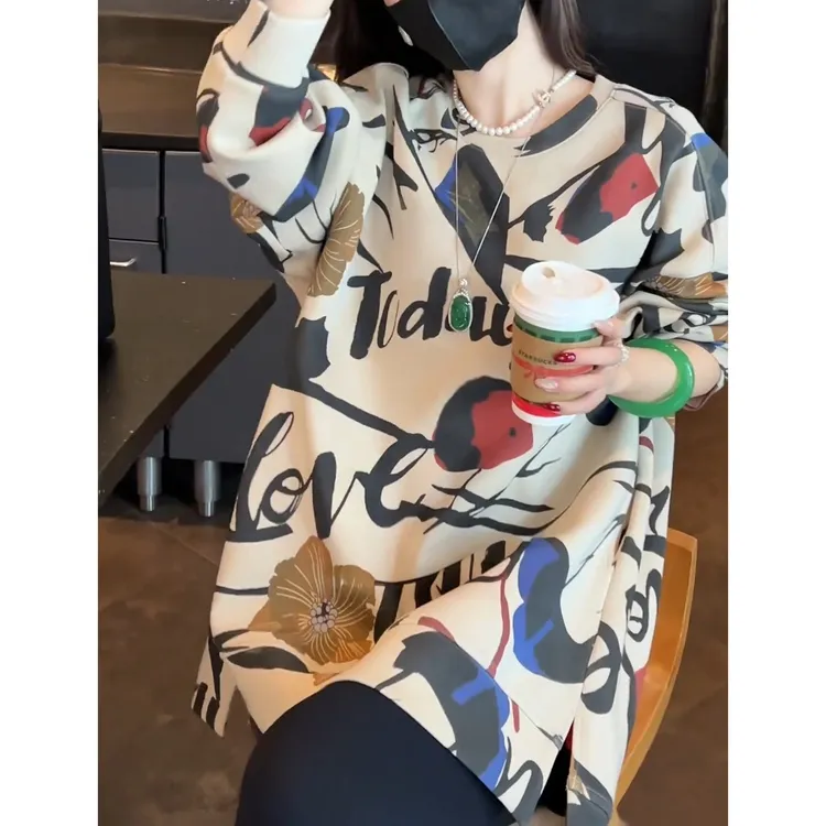 简约宽松显瘦设计感长袖卫衣春季新款时尚洋气印花圆领打底衫上衣