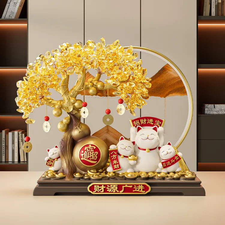 轻奢葫芦发财树招财猫摆件办公室客厅玄关店铺前台装饰品开业礼物
