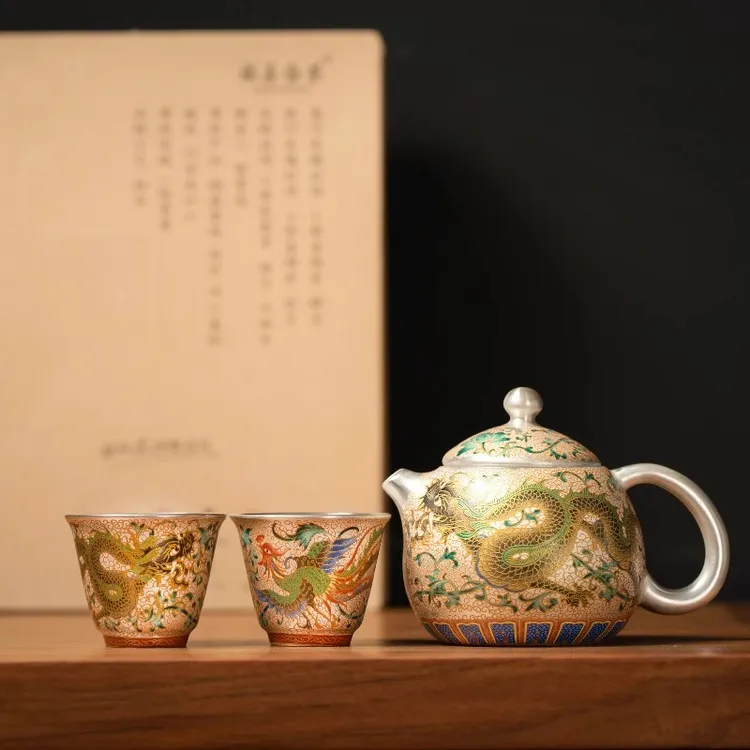 珐琅彩鎏银龙凤呈祥茶壶家用高档功夫泡茶具一壶二杯高档礼盒套装