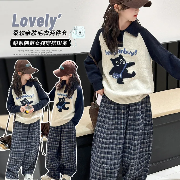 女童春秋新款韩系小猫插肩袖毛衣中大童女孩甜美Polo领针织衫9-15