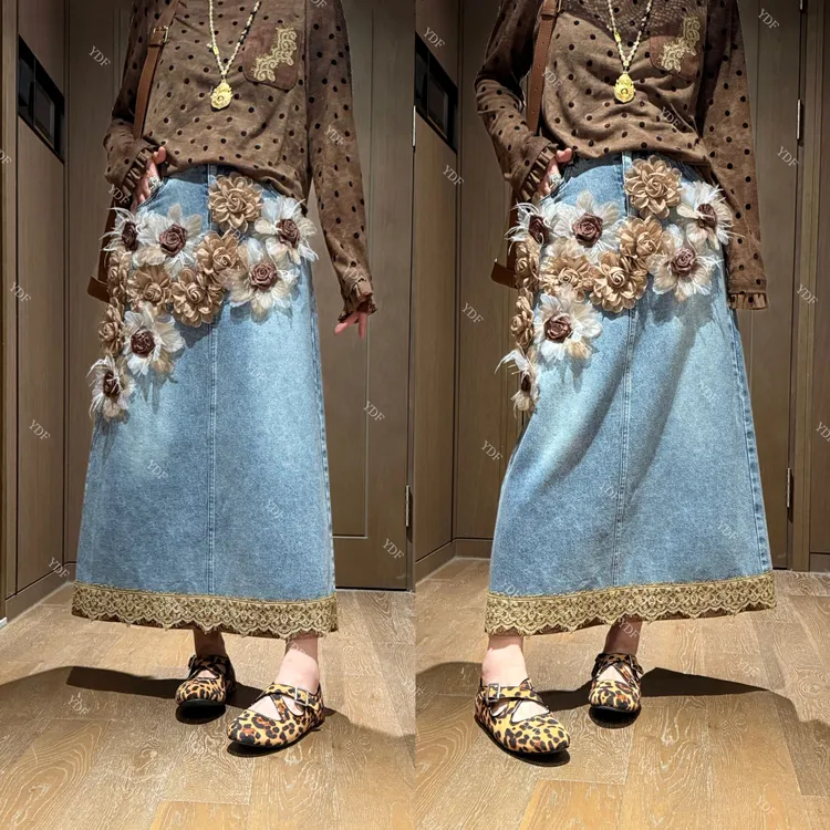 YDFSTUDIO小众【繁花半裙】欧货早秋重工立体花朵装饰牛仔半身裙
