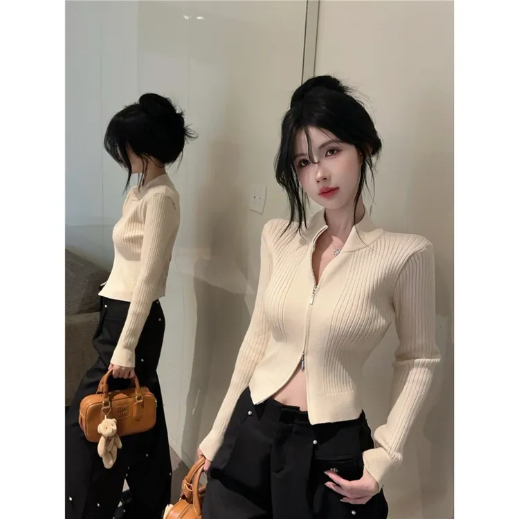 秋季新款法式复古春秋修身针织开衫爆款外套百搭圆领拉链上衣秋冬